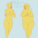 anthro anthrofied avian beak belly big_breasts bird blue_background blue_eyes bodily_fluids breasts chica_(fnaf) chicken english_text feathers female five_nights_at_freddy&#039;s five_nights_at_freddy&#039;s_2 galliform gallus_(genus) garuda_six navel nipples nude overweight overweight_female phasianid pussy running sibling simple_background sister sisters sweat tears text toy_chica_(fnaf) video_games yellow_feathers 