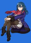  1girl absurdres alternate_costume blue_background blue_eyes blue_hair byleth_(fire_emblem) byleth_(fire_emblem)_(female) closed_mouth commission ebinku fire_emblem fire_emblem:_three_houses full_body highres jacket long_sleeves medium_hair pantyhose simple_background solo 