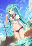  1girl aircraft airplane aqua_hair bikini bird black_bikini blue_eyes boat bracelet breasts cloud condensation_trail dutch_angle groin hatsune_miku heartsix highres innertube jewelry long_hair looking_at_viewer navel open_mouth outdoors partially_submerged sailor_collar see-through shipwreck sky small_breasts solo swimsuit swimsuit_under_clothes twintails v very_long_hair vocaloid wading watercraft 