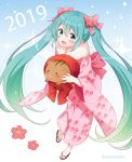  1girl 2019 :d animal aqua_eyes aqua_hair blue_background bow eyebrows_visible_through_hair flower full_body gradient gradient_background gradient_hair green_hair hair_between_eyes hair_bow hair_flower hair_ornament hatsune_miku holding holding_animal japanese_clothes kimono long_hair looking_at_viewer multicolored_hair open_mouth pig pink_kimono sandals smile snowmi solo twintails twitter_username very_long_hair vocaloid 