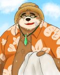  2019 anthro bodily_fluids brown_fur clothed clothing eyes_closed eyewear fur glasses hat headgear headwear humanoid_hands male mammal open_shirt outside overweight overweight_male shirt solo straw_hat sweat tokyo_afterschool_summoners topwear ursid video_games volos yaki_atsuage 
