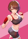 1girl androssi_zahard ataruman barefoot breasts brown_hair cleavage clenched_hands highres horn looking_at_viewer midriff navel short_hair slit_pupils solo sports_bra sweat tower_of_god yellow_eyes 