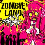  6+girls bandage bow forehead_scar framed_breasts hair_bow highres hoshikawa_lily konno_junko long_hair minamoto_sakura mizuno_ai multiple_girls nikaidou_saki open_mouth pink_background polka_dot romero_(zombie_land_saga) scar yamada_tae yuugiri_(zombie_land_saga) zombie zombie_land_saga 