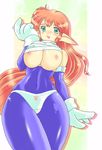  bad_id bad_pixiv_id bodysuit breasts buieito galaxy_fight gloves green_eyes huge_breasts long_hair nipples open_clothes pointy_ears red_hair roomi solo spandex 