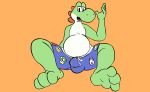  2019 3_toes andythetanuki anthro belly bottomwear bulge clothed clothing digital_media_(artwork) green_yoshi hi_res looking_at_viewer male mario_bros nintendo paws reptile scalie simple_background smile solo swimshorts toes video_games yoshi 