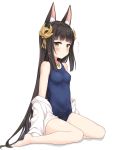  1girl animal_ear_fluff animal_ears azur_lane black_hair blue_swimsuit blush breasts commentary_request eyebrows_visible_through_hair fox_ears hair_between_eyes hair_ornament jewelry long_hair looking_at_viewer nagato_(azur_lane) necklace school_swimsuit shirt simple_background sitting small_breasts solo sweatdrop swimsuit translation_request wariza white_background white_shirt yamasan yellow_eyes 