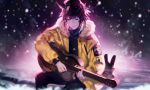  1boy animal_ears arknights black_pants brown_hair closed_eyes facing_viewer fur_trim guitar highres hmjmh instrument male_focus music outdoors pants playing_instrument sitting snowing solo yellow_coat 