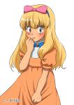  1boy blonde_hair blush bow crossdressing dress hair_bow highres juliet_sleeves kousuke_(ko_suke) long_hair long_sleeves otoko_no_ko pokemon pokemon_(anime) puffy_sleeves satoko_(pokemon) satoshi_(pokemon) tears wig 