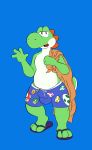 2019 3_toes andythetanuki anthro beach belly bottomwear bulge clothed clothing digital_media_(artwork) footwear green_yoshi hi_res male mario_bros nintendo reptile sandals scalie seaside shorts simple_background smile solo standing swimshorts swimwear toes towel video_games yoshi 