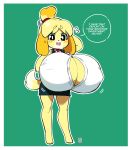  animal_crossing anthro big_breasts breasts canid canine canis cleavage clothed clothing domestic_dog female huge_breasts hyper hyper_breasts isabelle_(animal_crossing) looking_at_viewer mammal nintendo open_mouth shih_tzu solo speech_bubble text thehelmetguy toy_dog video_games 