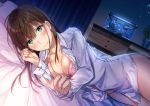  blush breasts brown_hair cleavage curtains dutch_angle fish_tank green_eyes highres indoors labsukekiyo looking_at_viewer lying official_art on_bed on_side pajamas plant pointing pointing_at_viewer potted_plant smile solo 