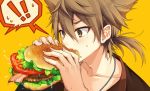  1boy 2980 bangs brown_eyes brown_hair eating food food_on_face fushimi_gaku hair_between_eyes hamburger holding holding_food nijisanji virtual_youtuber 