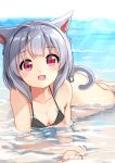  1girl :d absurdres animal_ear_fluff animal_ears bangs bare_arms bare_legs bare_shoulders barefoot bikini black_bikini blush bow breasts cat_ears cat_girl cat_tail cleavage commentary_request day eyebrows_visible_through_hair grey_hair highres looking_at_viewer open_mouth original outdoors red_eyes shallow_water side-tie_bikini small_breasts smile solo sora_(silent_square) swimsuit tail water white_bow 