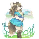 abstract_background anthro blue_nose boots bottomwear breasts brown_eyes brown_hair building canid canine cleavage clothed clothing female footwear fur hair house jacket kemono mammal outside shirt simple_background skirt smile solo topwear utsuki_maito white_fur 