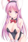  1girl animal_ears bangs bare_arms bare_shoulders black_hairband blush bow bowtie breasts bunny_ears bunnysuit cleavage collarbone commentary_request cowboy_shot detached_sleeves eyebrows_visible_through_hair groin hairband kue large_breasts leaning_forward long_hair looking_at_viewer purple_hair red_bow red_eyes red_neckwear reisen_udongein_inaba sidelocks simple_background solo touhou v_arms very_long_hair white_background wrist_cuffs 