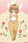  abstract_background ahoge anthro blush bra brown_eyes brown_fur cervid clothed clothing embarrassed female floral_background flower fur hair hands_behind_back hooves kemono mammal multicolored_fur panties plant red_hair smile solo two_tone_fur underwear utsuki_maito white_fur wide_hips 