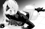  1girl ass blindfold breasts facing_viewer gloves greyscale hairband high_heels jyura leotard lying mole mole_under_mouth monochrome nier_(series) nier_automata on_stomach open_mouth saliva short_hair solo teeth thighhighs tongue tongue_out trembling yorha_no._2_type_b 