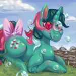  bubble cutie_mark equid female fizzy_(mlp) fur glowing glowing_eyes green_fur green_hair hair horn lying mammal my_little_pony pink_eyes pink_hair ribbons tail_ribbon unicorn ztarli 