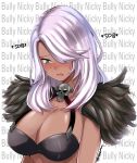  1girl bangs blue_eyes blush breasts character_name cleavage collarbone crying crying_with_eyes_open dark_skin english_text fur fur_trim hair_over_one_eye highres horns king&#039;s_raid large_breasts lavender_hair long_hair nas_(z666ful) nicky_(king&#039;s_raid) open_mouth signature skull skull_print solo tagme tears upper_body 