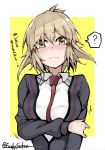  1girl ? blush breast_hold breasts brown_eyes brown_hair commentary_request frown funkysatou hair_between_eyes hair_ornament hairclip highres looking_at_viewer lydian_academy_uniform necktie partial_commentary red_neckwear senki_zesshou_symphogear short_hair solo spoken_question_mark sweatdrop tachibana_hibiki_(symphogear) translation_request twitter_username wavy_mouth 