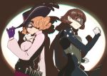  2girls back-to-back belt bodysuit brown_hair chromatic_aberration cravat curly_hair domino_mask feathers gloves hat hat_tip highres mask multiple_girls niijima_makoto okumura_haru persona persona_5 persona_5_the_royal pose puffy_sleeves purple_gloves rikurikuriku555 scarf shadow short_hair shoulder_spikes spikes spotlight waistcoat white_gloves 