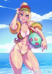  1girl abs ball baseball_cap beachball beagle bikini bikini_tan blonde_hair blue_eyes blush breast_lift breasts cleavage collarbone contrapposto day freckles grin hair_between_eyes hat high_ponytail inflatable_armbands kajin_(kajinman) large_breasts lips looking_at_viewer metroid micro_bikini mole mole_on_breast mole_on_thigh mole_under_mouth navel ocean ponytail red_bikini_top red_headwear samus_aran sky smile solo swimsuit tan tanline thick_thighs thighs visor_cap water wet yellow_bikini_bottom 