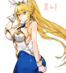  1girl ahoge animal_ears arm_up artoria_pendragon_(all) artoria_pendragon_(swimsuit_ruler)_(fate) ass bangs bare_arms bare_shoulders blonde_hair blue_legwear blue_neckwear braid breasts bunny_ears bunny_tail commentary_request cowboy_shot dated detached_collar eyebrows_visible_through_hair fake_animal_ears fake_tail fate/grand_order fate_(series) green_eyes hair_between_eyes kasuka_(kusuki) large_breasts long_hair looking_at_viewer necktie pantyhose ponytail simple_background solo standing tail tiara twisted_torso very_long_hair white_background wrist_cuffs 