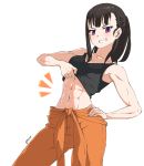  1girl :d abs black_hair blush breasts cleavage en&#039;en_no_shouboutai firefighter highres lifted_by_self looking_at_viewer maki_oze midriff muscle muscular_female navel open_mouth orange_pants pants ponytail purple_eyes simple_background smile stomach tank_top teeth toned white_background 