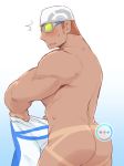  /\/\/\ 1boy blush cotton_(ganache) dressing fake_screenshot goggles gradient gradient_background legskin male_focus male_swimwear nude orange_hair pokemon pokemon_masters simple_background solo sweatdrop swim_cap swimmer_(pokemon) swimwear tan tanline toned toned_male two-tone_background 