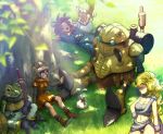  1other 2boys 3girls ayla_(chrono_trigger) bare_shoulders belt black_cape blonde_hair blue_eyes blurry_foreground bracer breasts brown_footwear cape chrono_trigger cleavage closed_eyes crono dappled_sunlight frog glasses grass helmet kaeru_(chrono_trigger) long_hair long_sleeves lucca_ashtear lying marle medium_breasts midriff multiple_boys multiple_girls on_back open_mouth outdoors pants ponytail red_hair robo robot sapling sheath sheathed shield short_hair sitting smile spiked_hair standing sunlight sword tree user_fuyz3388 very_long_hair wavy_hair weapon 