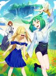  1boy 2girls bare_shoulders blonde_hair blue_sky commentary_request eyebrows_visible_through_hair eyes_visible_through_hair floating_island green_eyes green_hair hand_on_hip head_wings long_hair looking_at_another meadow monster_girl multiple_girls official_art original red_hair scales sharp_teeth short_hair sky slit_pupils soratobu_kujira_no_shiawase_seikatsu stuffed_animal stuffed_toy tail teeth very_long_hair wide_sleeves wolf yamakawa yellow_eyes 
