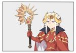  1girl axe blonde_hair blue_eyes breasts cape crown edelgard_von_hresvelg fire_emblem fire_emblem:_three_houses gloves hair_ornament horns long_hair looking_at_viewer maiqtells red_cape simple_background solo weapon white_background 