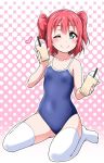  1girl aqua_eyes bangs blue_swimsuit blush bubble_tea collarbone cup disposable_cup drink drinking_straw heart holding holding_cup kurosawa_ruby love_live! love_live!_sunshine!! new_school_swimsuit one-piece_swimsuit one_eye_closed red_hair school_swimsuit short_hair sitting smile solo swimsuit thighhighs two_side_up wariza white_legwear yopparai_oni 