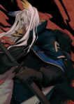  1boy animal_ears arknights artist_name bag beard black_gloves brown_eyes dated facial_hair gloves hellagur highres holding holding_sword holding_weapon katana long_hair male_focus old_man parted_lips profile red_background solo sword very_long_hair weapon white_hair 