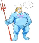  5_fingers anthro asgore_dreemurr beard belly blonde_hair blue_eyes bovid caprine clothing english_text facial_hair fingers hair horn hyenaface long_ears male mammal melee_weapon metroid nintendo overweight overweight_male polearm simple_background solo speech_bubble standing text tight_clothing trident undertale video_games weapon white_background zero_suit 