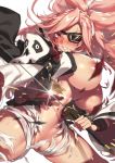  1girl areolae baiken bangs blush breasts clenched_teeth eyepatch facial_tattoo fuya_(tempupupu) guilty_gear guilty_gear_xrd japanese_clothes katana kimono large_breasts long_hair long_sleeves looking_at_viewer navel one-eyed pink_hair red_eyes samurai sash scar scar_across_eye simple_background solo sword tattoo teeth thighs torn_clothes weapon white_background white_kimono wide_sleeves 
