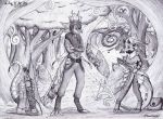  3_toes 4_toes anthro avian azural_cobaltros barefoot bird bow_(weapon) clothed clothing forest greyscale itzel monochrome nebulian noemi ranged_weapon toes tree weapon 