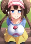  1girl arms_behind_back black_legwear blue_eyes blush breasts brown_hair collarbone double_bun frilled_shorts frills hair_bun half-closed_eyes highres kibihimi large_breasts legwear_under_shorts looking_at_viewer low_twintails mei_(pokemon) pantyhose poke_ball pokemon pokemon_(game) pokemon_masters shorts sitting smile sparkle twintails 