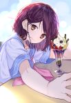  1girl atelier_(series) atelier_sophie bangs black_hair blush brown_eyes citron commentary_request cream eyebrows_visible_through_hair food from_side fruit highres looking_at_viewer ryuuno6 shirt short_hair short_sleeves smile solo sophie_neuenmuller strawberry white_shirt 