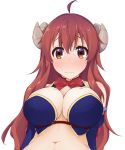  1girl bare_shoulders blush bow bowtie breasts brown_eyes brown_hair cleavage commentary_request embarrassed goat_horns hinata_masaki large_breasts long_hair looking_at_viewer machikado_mazoku navel simple_background solo upper_body wavy_mouth white_background yoshida_yuuko_(machikado_mazoku) 