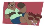  2019 4_toes andythetanuki anthro belly big_belly brown_fur canid canine claws clothed clothing digital_media_(artwork) duo fur hair hi_res lagomorph leporid macro male mammal micro open_mouth overweight overweight_male pawpads paws rabbit raccoon_dog simple_background size_difference smile tanuki toes 