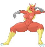  2019 anthro avian biceps blaziken blonde_hair blue_eyes breasts claws danonymous eyelashes female front_view fur hair hand_on_head hi_res looking_away multicolored_fur muscular muscular_female nintendo nipples nude pok&eacute;mon pok&eacute;mon_(species) pussy red_fur simple_background sitting solo thick_thighs triceps tuft two_tone_fur video_games white_background wide_hips yellow_fur yellow_sclera 