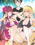  1boy 2girls absurdres bangs bare_shoulders beach bikini black_bikini black_hair black_shirt blonde_hair blue_eyes blush bracelet braid breasts choker cleavage collarbone fate/grand_order fate_(series) flower fujimaru_ritsuka_(male) hair_between_eyes hair_flower hair_intakes hair_ornament hand_gesture hibiscus highres jeanne_d&#039;arc_(fate)_(all) jeanne_d&#039;arc_(swimsuit_archer) jewelry knee_up large_breasts leg_garter long_braid long_hair looking_at_viewer multiple_girls open_mouth purple_bikini purple_hair red_eyes sarong scathach_(fate)_(all) scathach_(swimsuit_assassin)_(fate) shirt short_hair shorts single_braid smile sparkle spiked_hair swimsuit t-shirt thighs v very_long_hair wide4358 