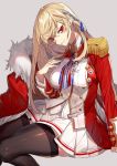 1girl azur_lane bangs black_legwear blonde_hair blue_ribbon braid breasts closed_mouth epaulettes eyebrows_visible_through_hair french_braid grey_background hachizowo hair_ribbon hand_up highres king_george_v_(azur_lane) large_breasts long_hair long_sleeves looking_at_viewer medal pleated_skirt red_eyes ribbon sidelocks simple_background sitting skirt smile solo thick_thighs thighhighs thighs 