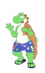  2019 3_toes andythetanuki anthro beach belly bottomwear bulge clothed clothing digital_media_(artwork) footwear green_yoshi hi_res male mario_bros nintendo open_mouth reptile sandals scalie seaside shorts simple_background smile solo standing swimshorts swimwear toes towel video_games yoshi 