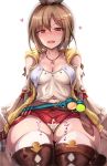  1boy 1girl atelier_(series) atelier_ryza belt blush breasts brown_eyes brown_hair cum ejaculation hair_ornament hairclip hat hetero highres jewelry looking_at_viewer navel necklace nude open_mouth red_shorts reisalin_stout shimo_(depthbomb) short_hair short_shorts shorts smile solo_focus star thigh_sex thighhighs thighs white_headwear 