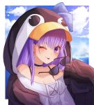  1girl animal_costume bangs bare_shoulders black_bra blush bra breasts cleavage cloud collarbone commentary_request day eyelashes fate/grand_order fate_(series) medium_breasts meltryllis meltryllis_(swimsuit_lancer)_(fate) nani_(goodrich) one_eye_closed penguin_costume sleeves_past_fingers sleeves_past_wrists smile solo sunglasses tongue tongue_out underwear 