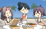  3girls :3 =_= adapted_costume bikini black_bikini black_hair blue_sky bow box casual_one-piece_swimsuit closed_eyes commentary_request cowboy_shot cup day disposable_cup flat_chest food gradient_sky grey_hair hachimaki hair_bow hamu_koutarou headband high_ponytail highres houshou_(kantai_collection) kantai_collection long_hair multiple_girls obentou omelet one-piece_swimsuit onigiri open_mouth outdoors palm_tree purple_hair sakawa_(kantai_collection) short_hair sky smile swimsuit tamagoyaki thermos tree x_navel zuihou_(kantai_collection) 