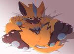  ambiguous_gender anthro bed bedroom_eyes black_fur blue_eyes blue_fur claws crotch_tuft felid fur half-closed_eyes legendary_pok&eacute;mon looking_at_viewer lying mammal nintendo on_back on_bed pawpads paws pok&eacute;mon pok&eacute;mon_(species) seductive sikai solo spread_legs spreading tongue tongue_out video_games yellow_fur zeraora 