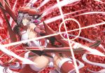  1girl ahoge angry armpit_peek ass bare_shoulders bow_(weapon) breasts clenched_teeth covered_nipples crossbow headgear large_breasts leotard long_hair low_twintails purple_eyes purple_hair red_background red_theme senki_zesshou_symphogear shunzou solo sweat teeth thighhighs twintails very_long_hair weapon yukine_chris 